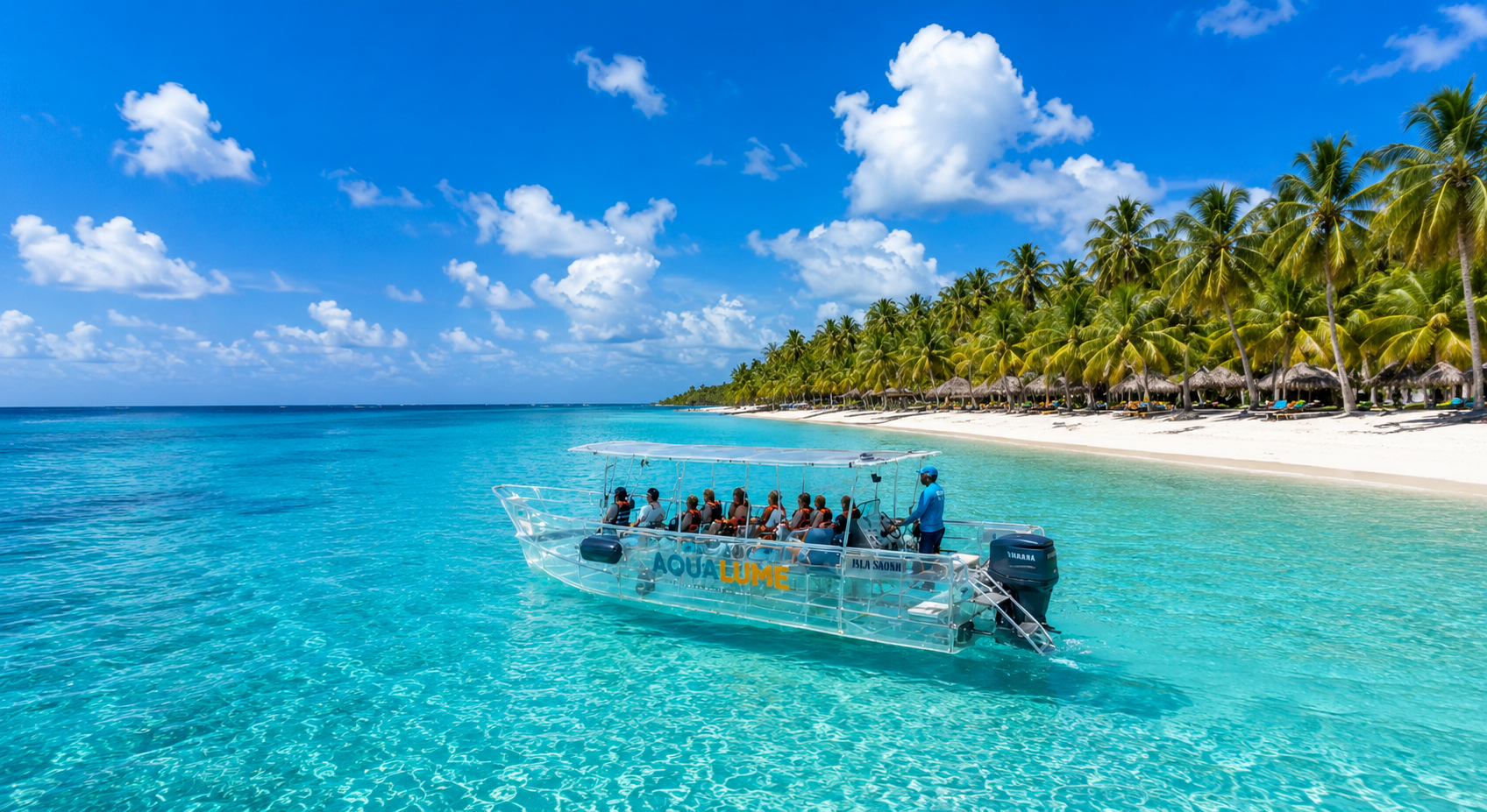 Bote transparente Aqualume navegando en aguas cristalinas hacia Isla Saona